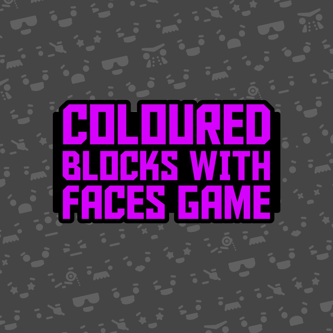 Logo for Coloured Blocks With Faces Game in purple over a grey background tiled with faces from the game.