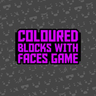 Logo for Coloured Blocks With Faces Game in purple over a grey background tiled with faces from the game.